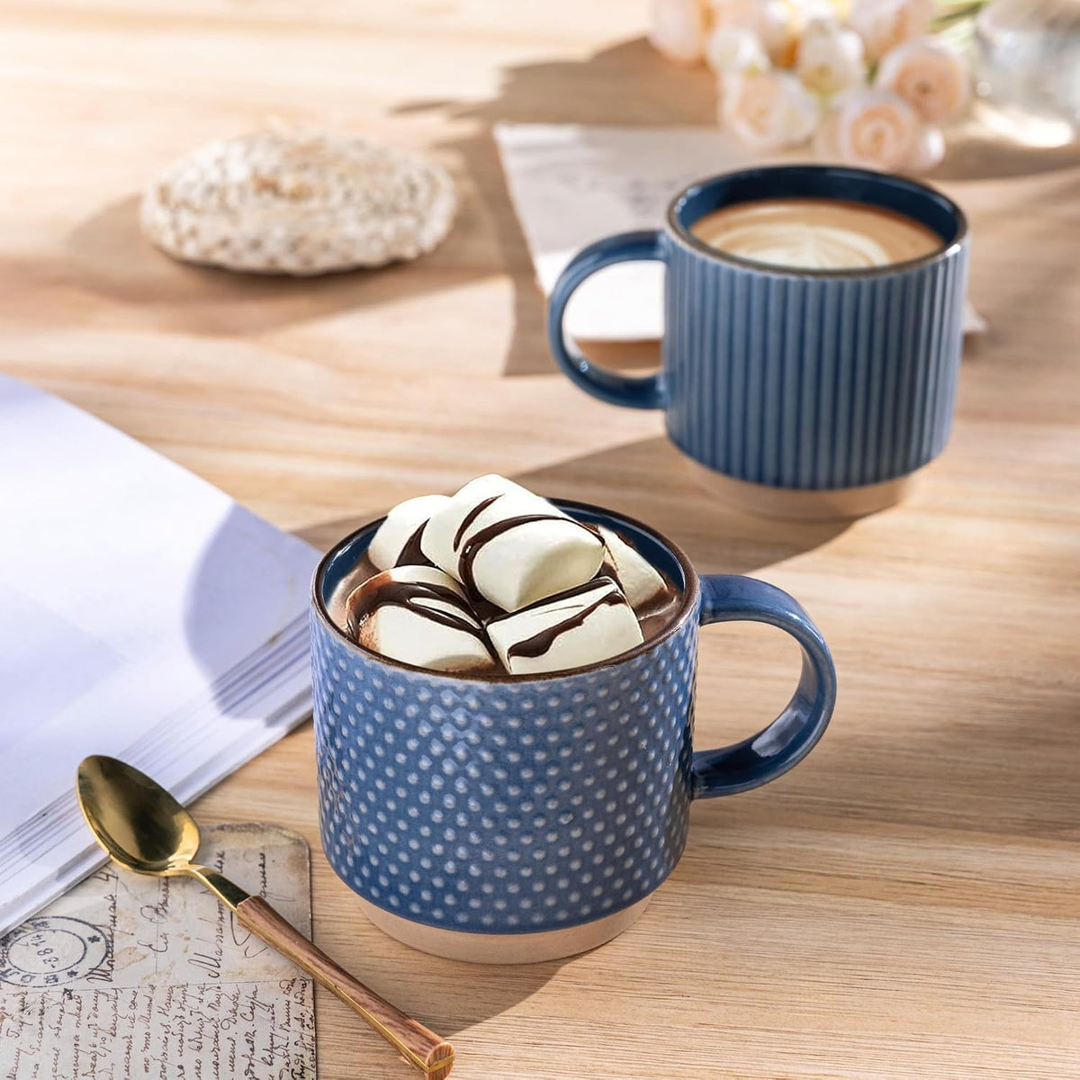 12 OZ Stackable Coffee Mugs, Ceramic Coffee Mugs with Texture Patterns for Man,Woman,Dad,Mom, Modern Coffee Cups Set