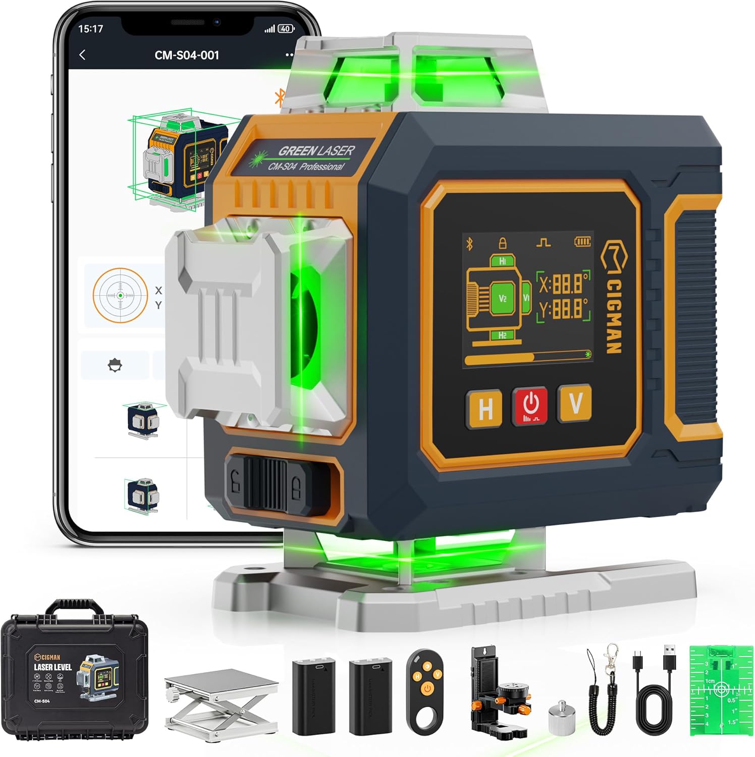 16 Lines Green Laser Level 4×360° Self Leveling, Side LCD, Bluetooth App Remote, Pulse Mode for Receiver, 2×Li-ion
