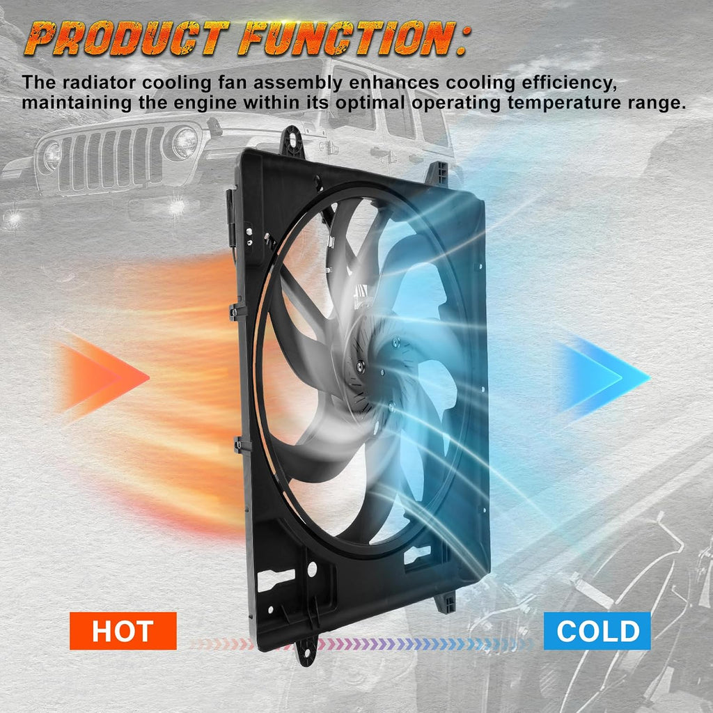 Engine Cooling Radiator Fan Assembly Compatible with 2012-2017 Jeep Wrangler 3.6L, 2018 Jeep Wrangler JK 3.6L, # 621-601, 68143894AA, 6010277, 624080, CF13078, 68143894AB