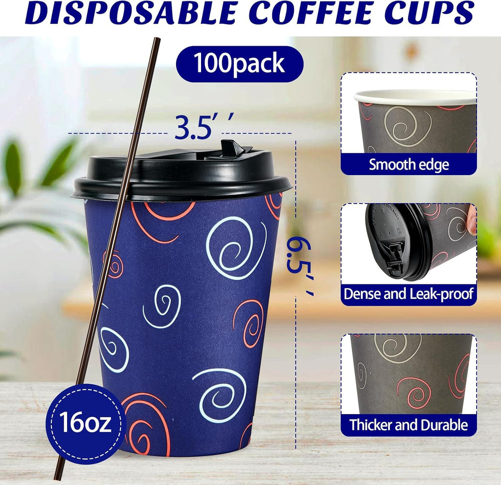 16 oz Disposable Paper Cups, 100 Pack Coffee Cups with Lids