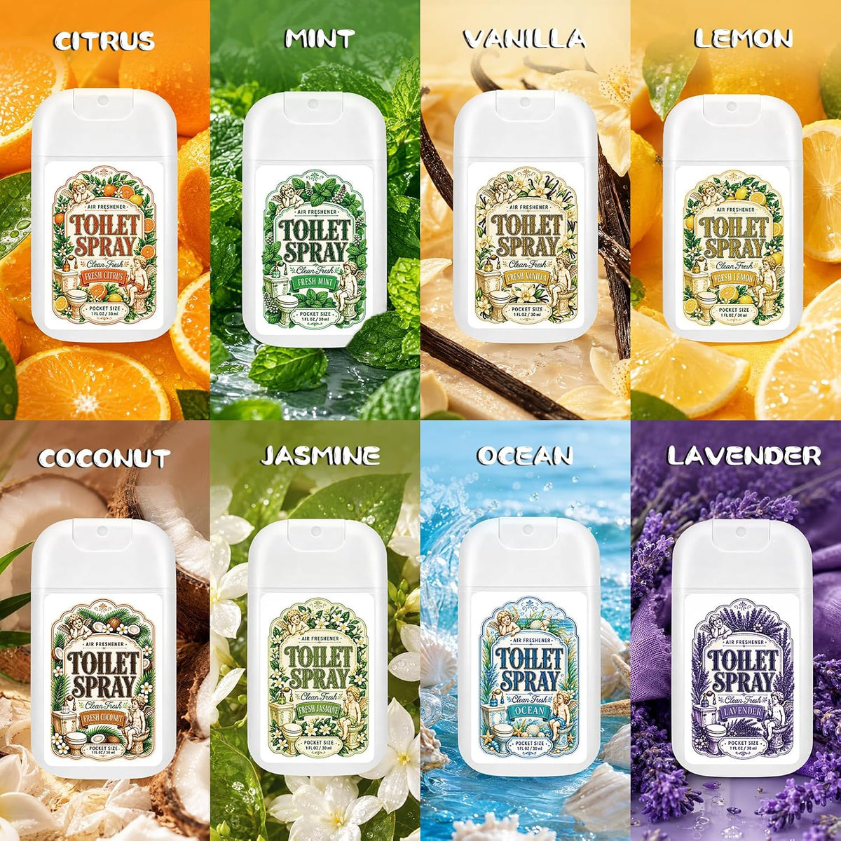 Travel Size Toilet Spray, Bathroom Odor Deodorizer, 8 Pack, 8 Scents