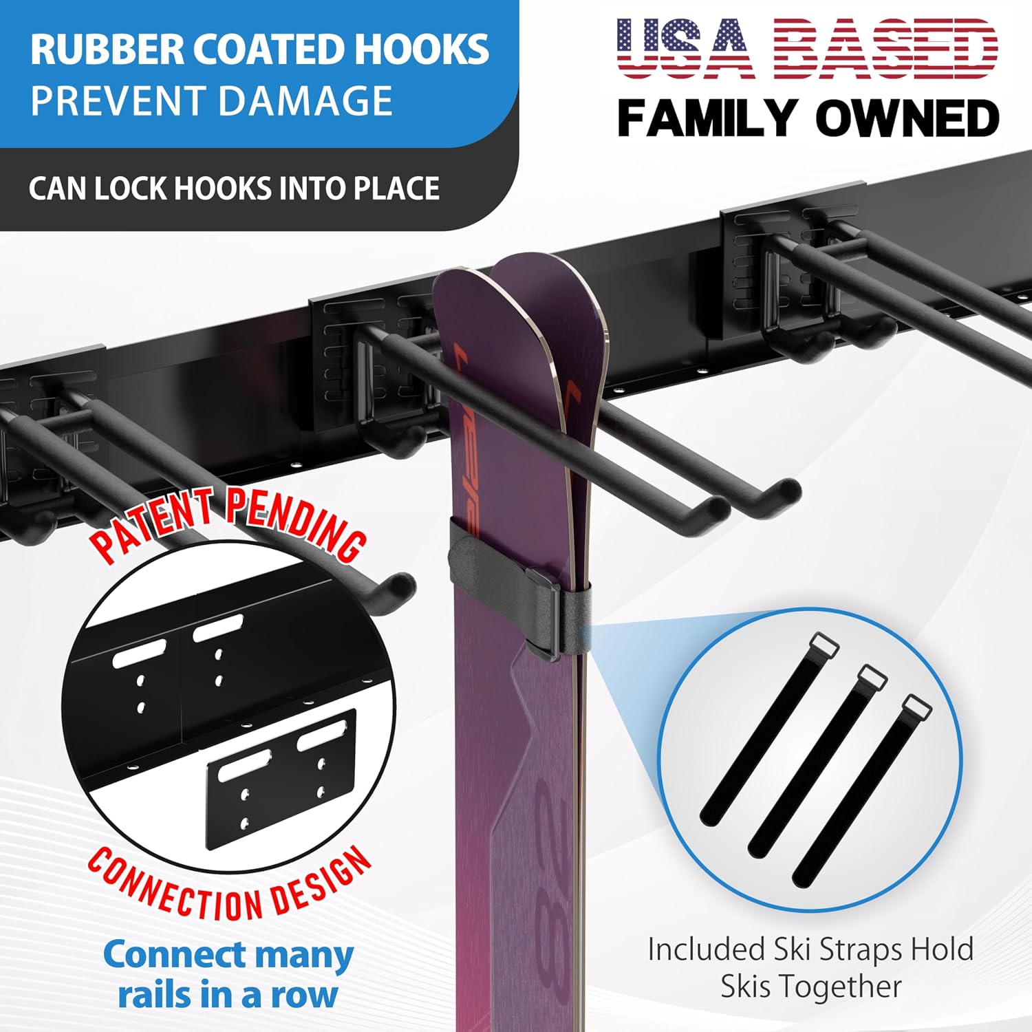 USA Based Ski Rack Wall Mount, Holds 6 Pairs for Ski Storage Rack, Snowboard Hanger & Ski Holders for Wall Storage