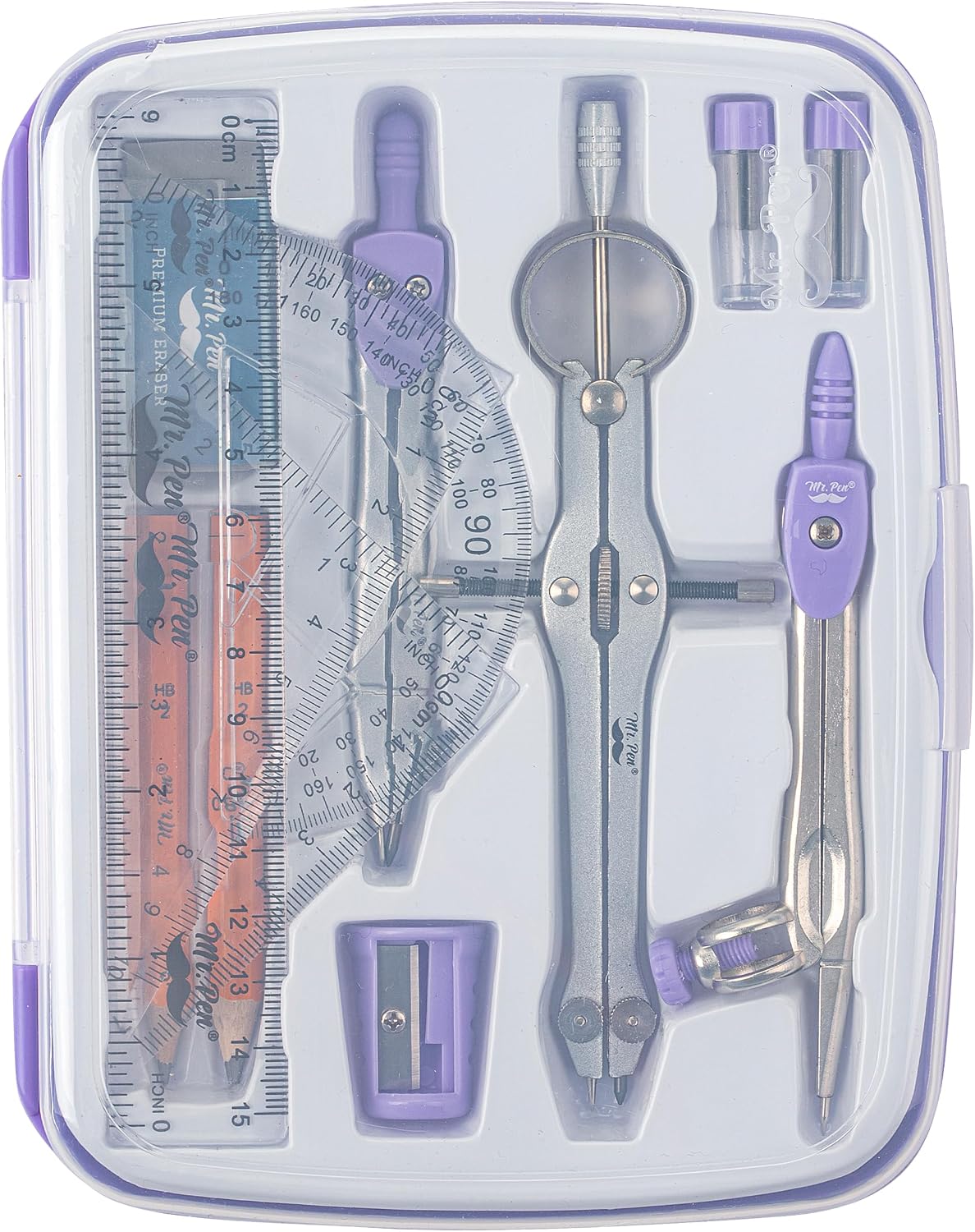 Geometry Set, 13 pcs, 3 Metal Compasses, Protractor, 6" Ruler | 45° & 30°/60° Set Squares, Pencils, Lead Refills