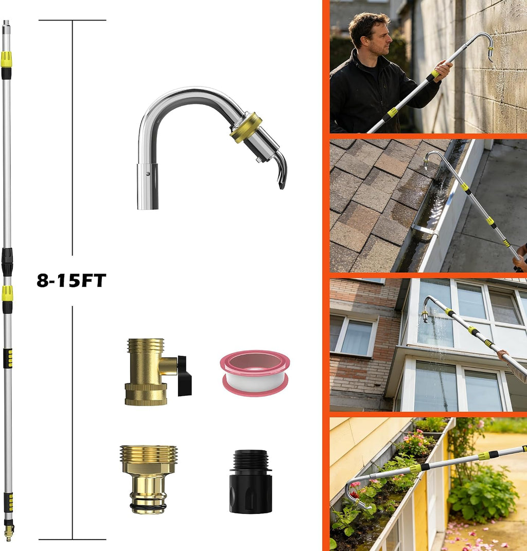 24FT Reach Gutter Cleaning Tool with 8-15FT Telescopic Pole, 360° Rotatable Duckbill Metal Head Gutter Cleaner with