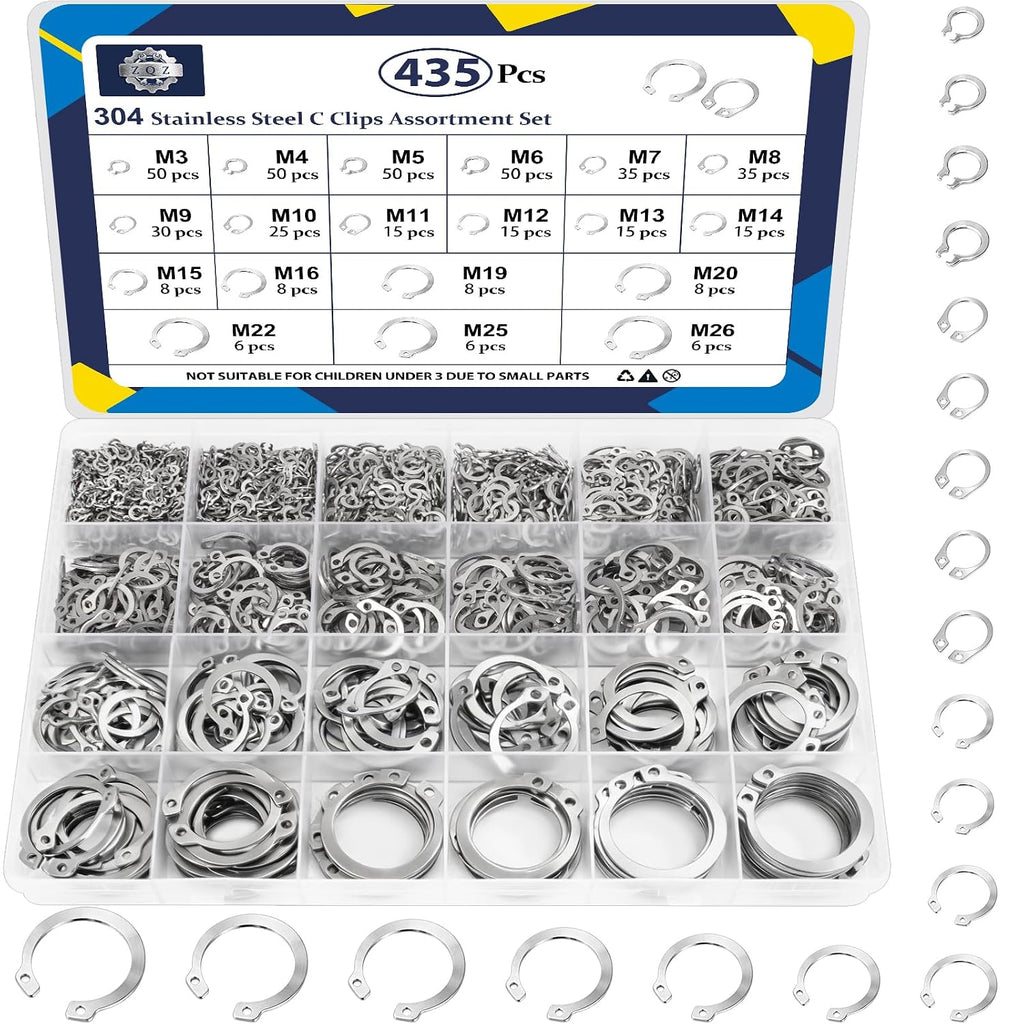 ZQZ C Clips Assortment Kit (M3-M26), 435 Pcs External Retaining Rings Set