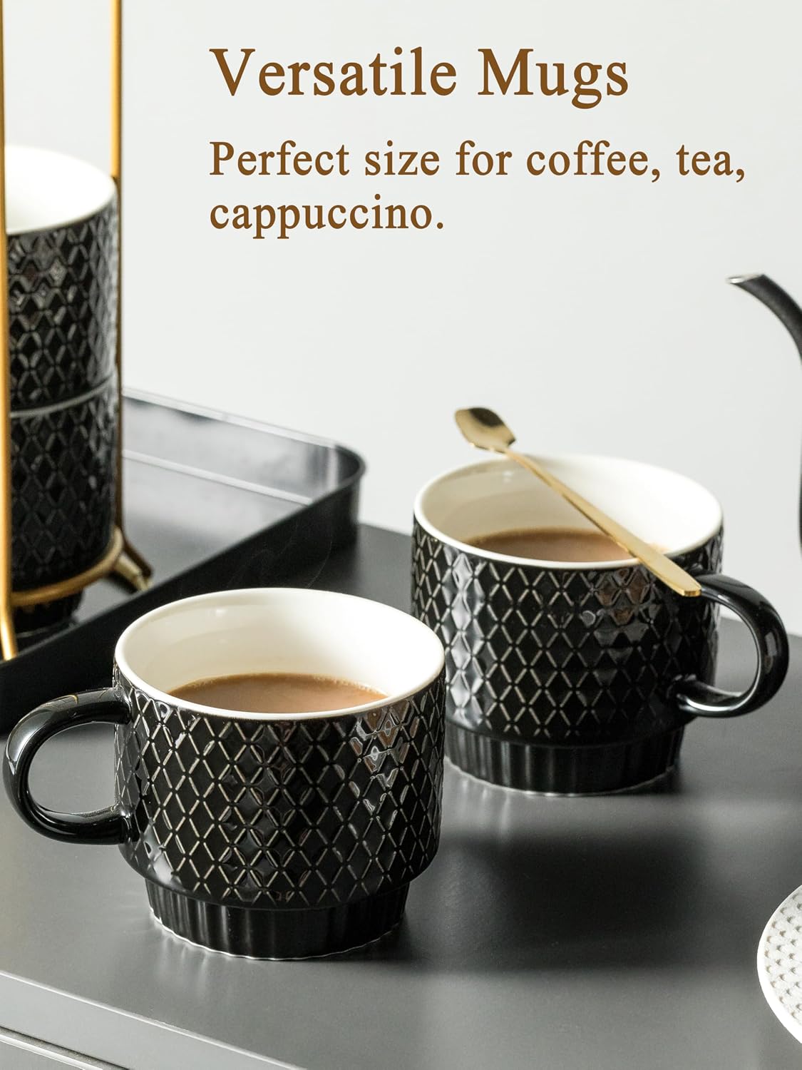 Coffee Mugs Set of 4, 13oz Stackable Coffee Cups with Stand, Black