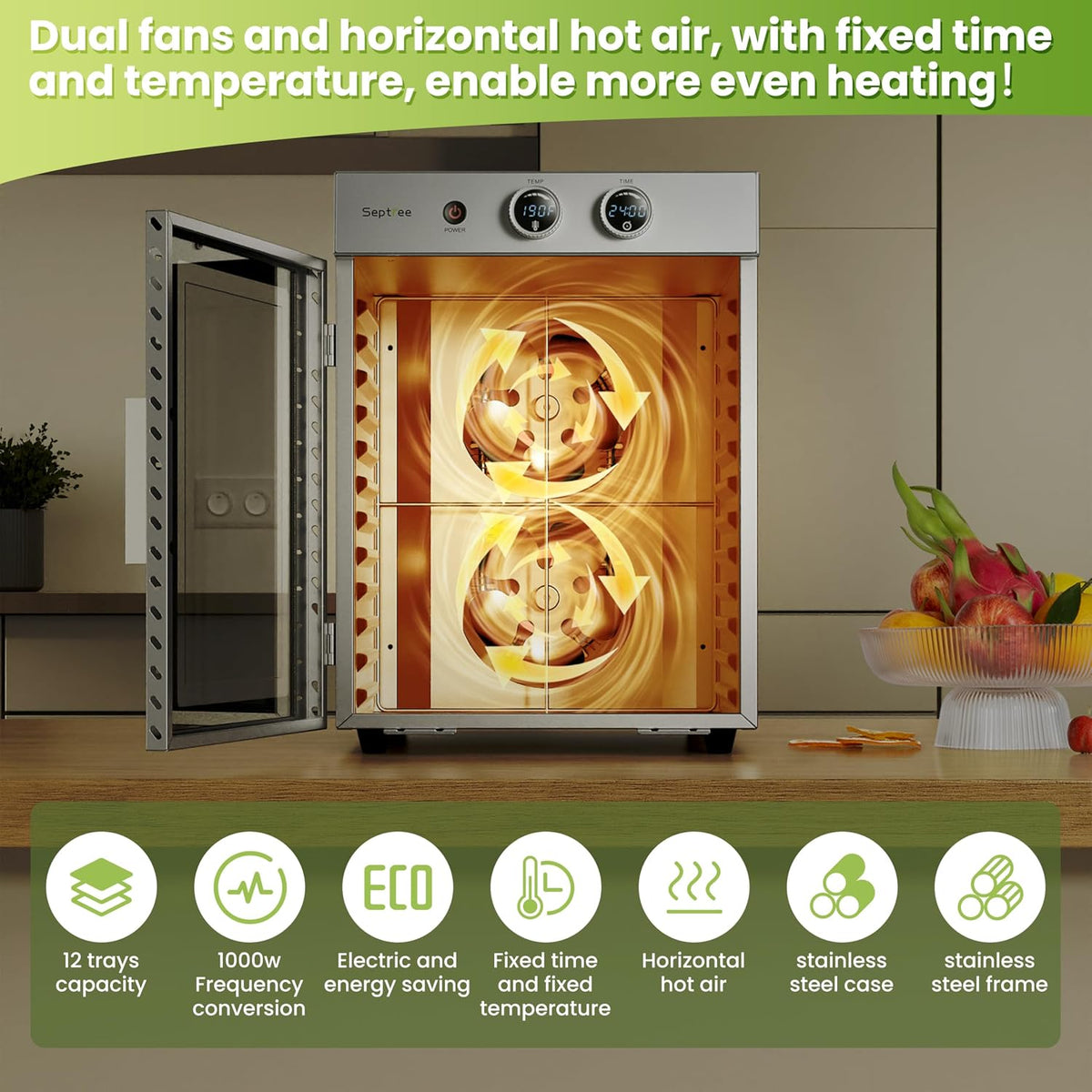 Food Dehydrators Machine with 12 Stainless Steel Trays with Timer Setting Temperature Adjusted 68 ℉ to 194 ℉ Dryer