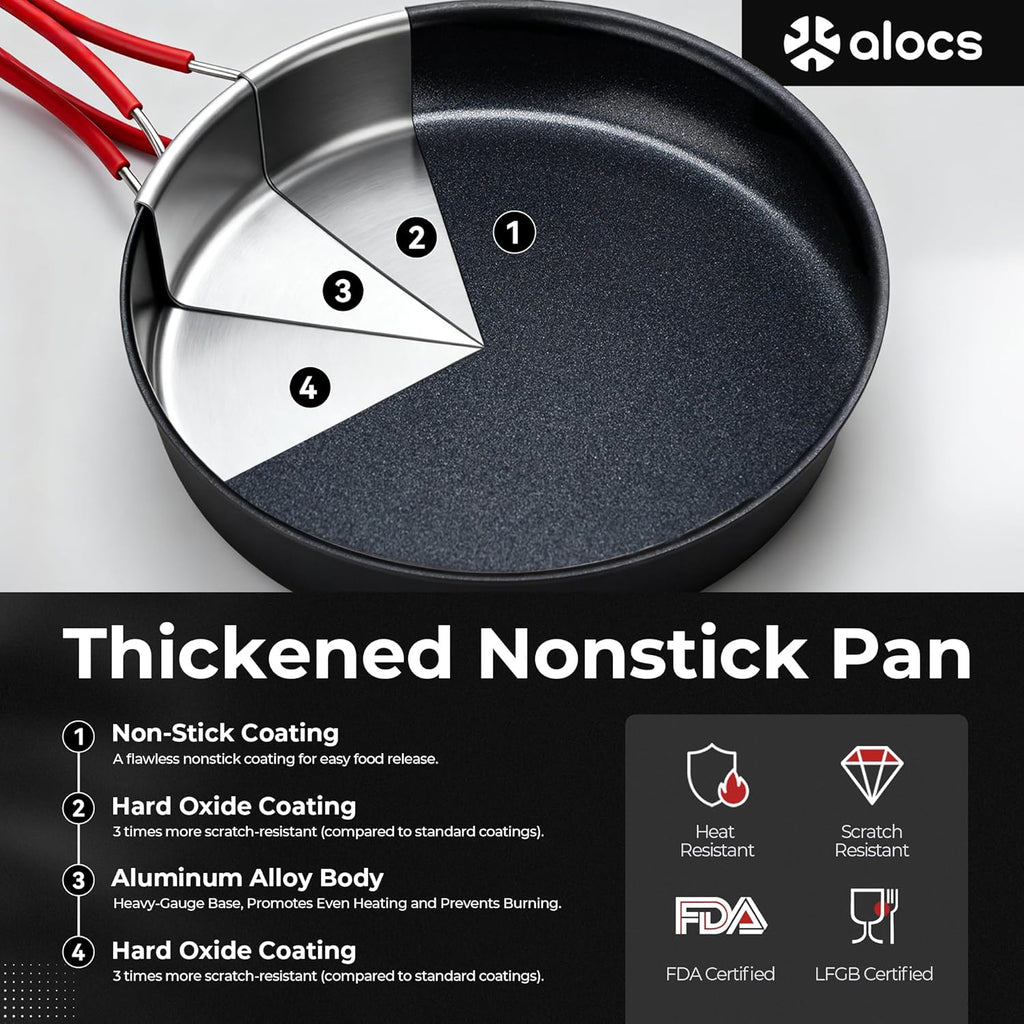 Camping Cookware Set Camping Gear, Compact Camping Pots and Pans Set, Durable Hard Alumina Camping Cooking Set for