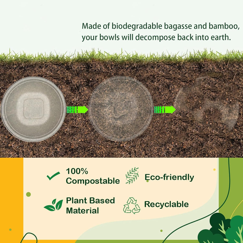 48 Oz Disposable Bowls - Heavy Duty and Compostable Bowl - Made from Sugarcane and Bamboo Fibers, Microwave Safe