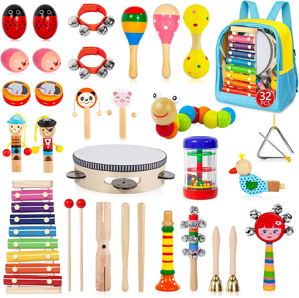 Toddler Musical Instruments Set, 32 PCS 19 Kinds Wooden Percussion Instruments Toys for Kids Playing Preschool