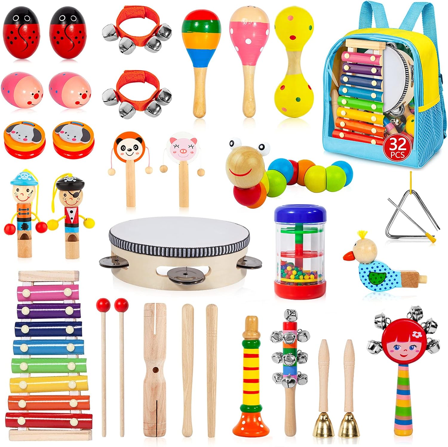 Toddler Musical Instruments Set, 32 PCS 19 Kinds Wooden Percussion Instruments Toys for Kids Playing Preschool