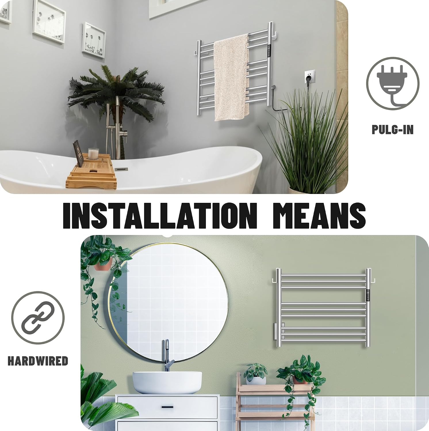 Wall-Mounted 9-Bar Heated Towel Rack, 2-Min Heat, NTC Safety | 4 Timers & 3 Heat Levels Control, Plug-In/Hardwired