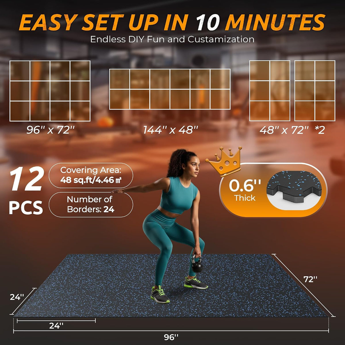 0.6" Thicker Rubber Top 48 Sq Ft Gym Flooring for Home Gym