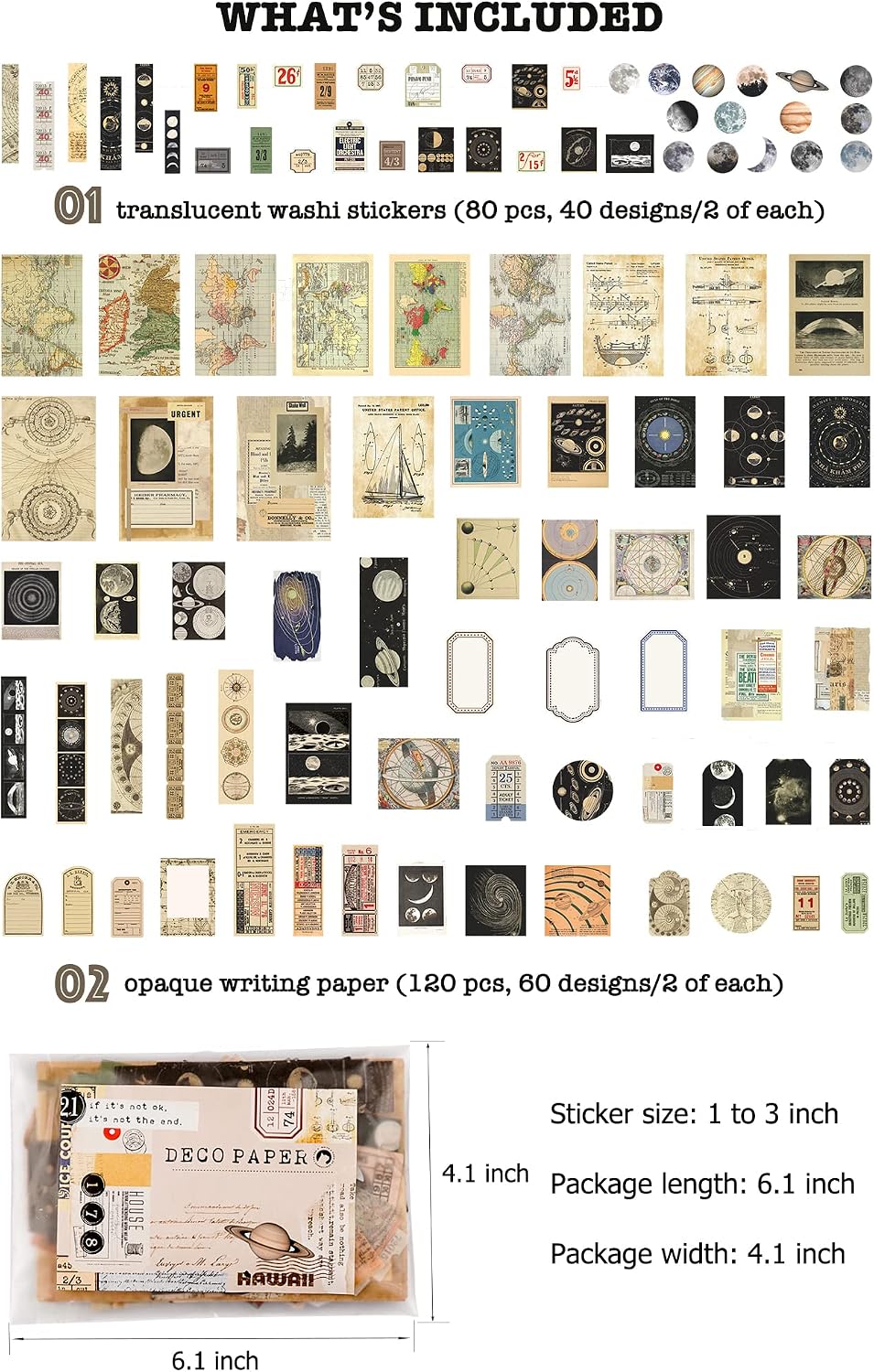 Vintage Scrapbook Supplies Pack (200 Pieces) for Witchy Junk Journal Bullet Journals Planners Space Moon Paper