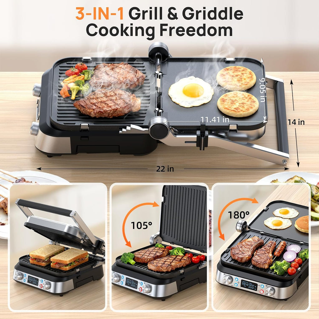 6-in-1 Indoor Grill and Griddle, 14’’, Electric Grill Indoor,1700W | 90-Minute Timer, Reversible nonstick grill &