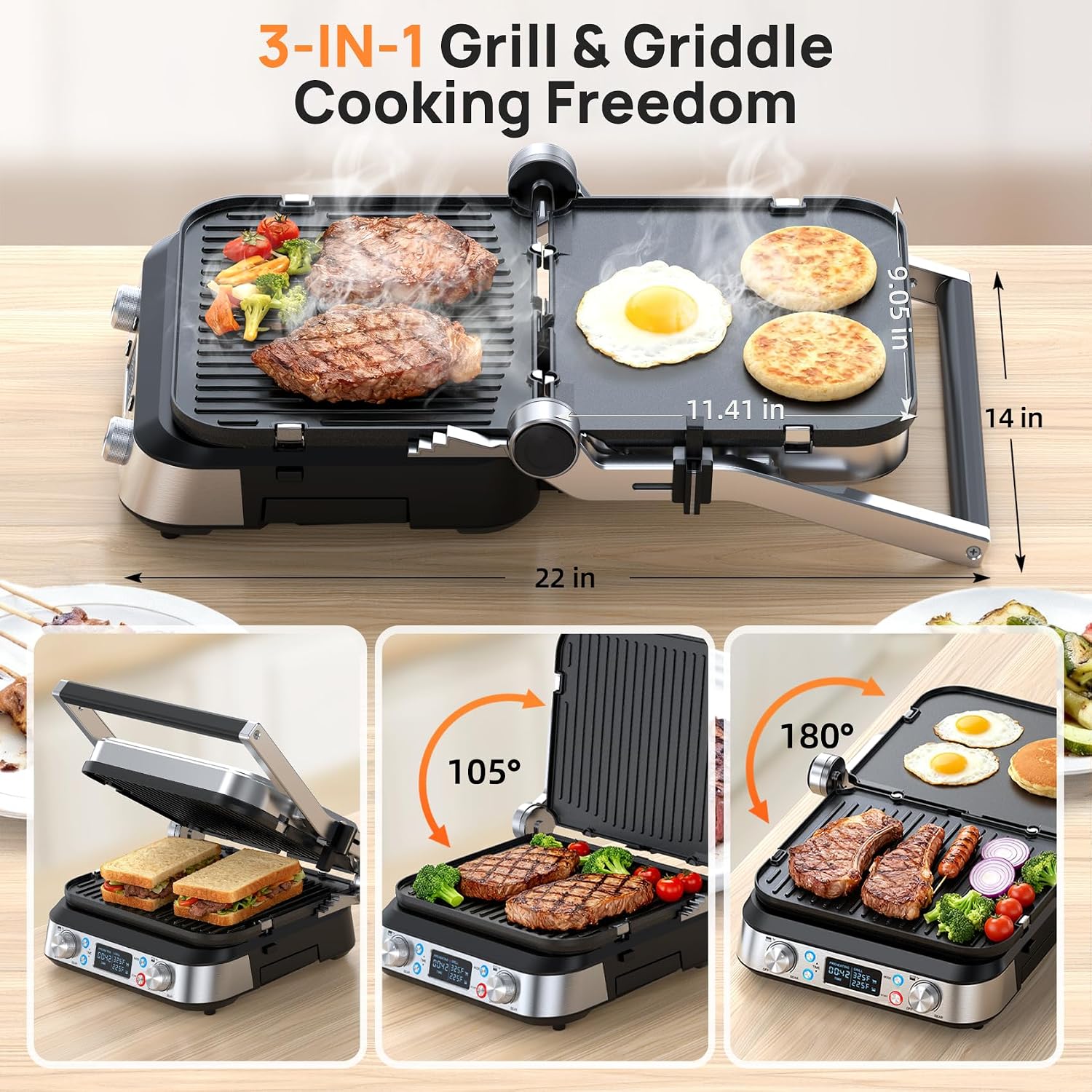 6-in-1 Indoor Grill and Griddle, 14’’, Electric Grill Indoor,1700W | 90-Minute Timer, Reversible nonstick grill &