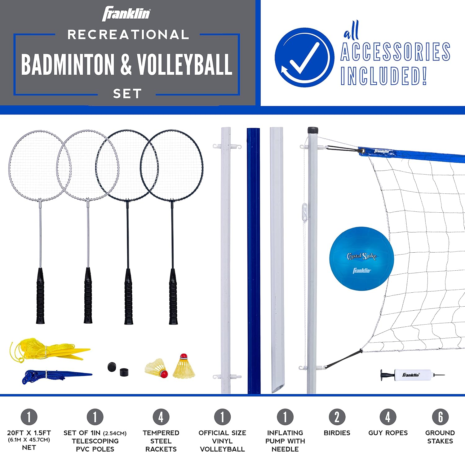 Volleyball + Badminton Sets - Beach + Backyard Game Set - Volleyball, Pump, Badminton Rackets, Birdies, Net + Poles