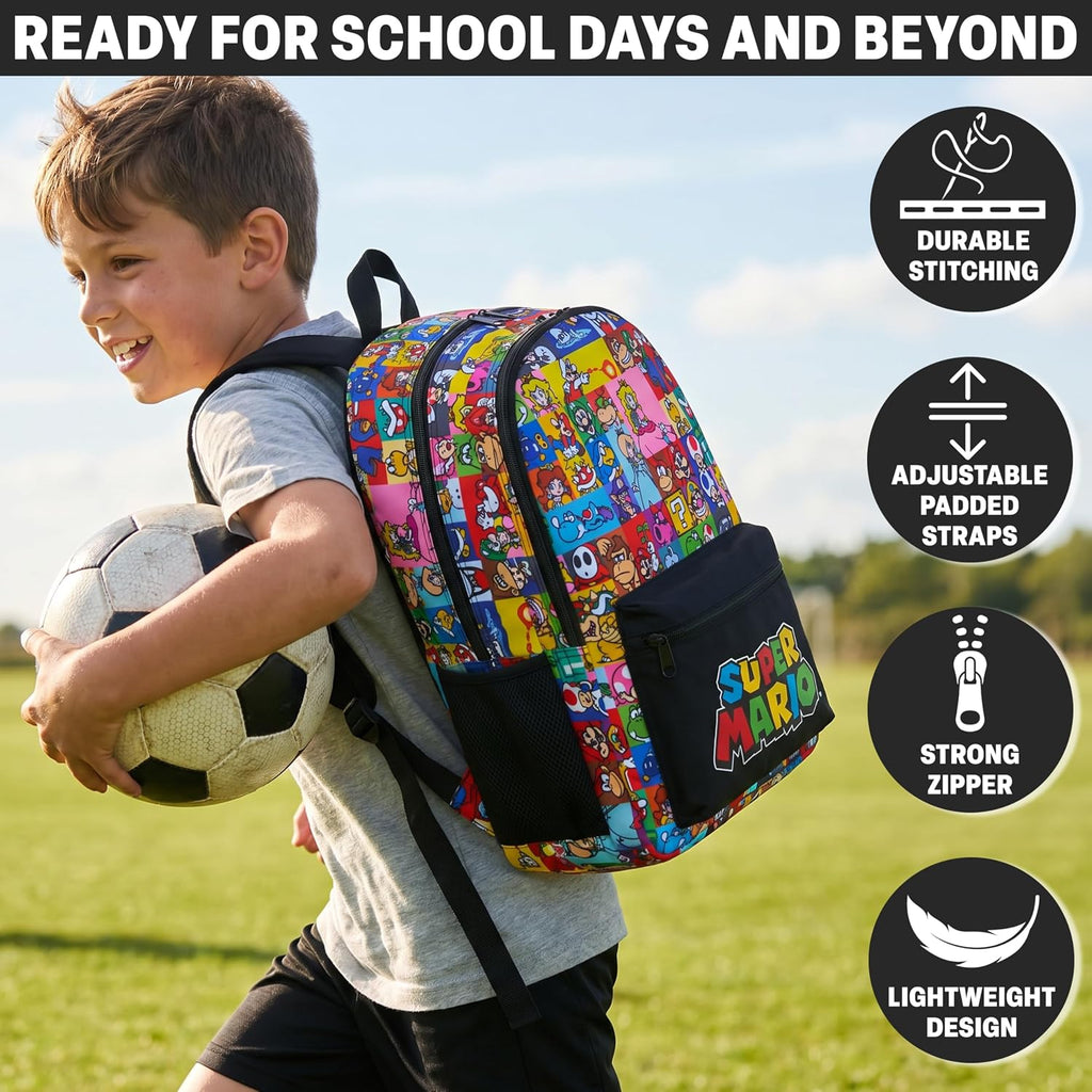 Super Mario Kids Backpack, Boys Lightweight 18 in Book Bag, Adjustable Padded Straps Travel School Bag, Gamer Gifts