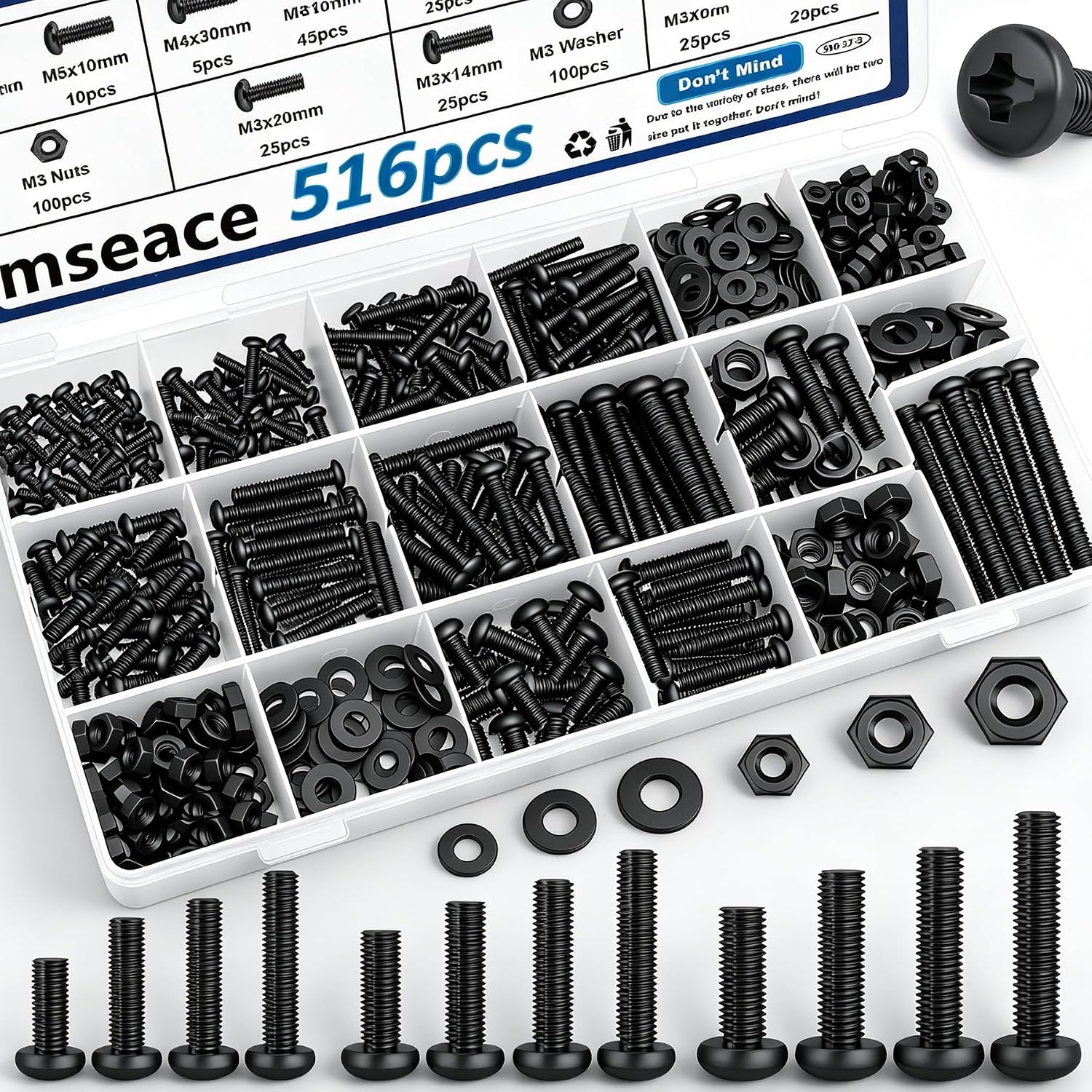516Pcs Black Nuts and Bolts Assortment Kit 21-Sizes M3/M4/M5/M6 Nut Bolt Washer Assortment Kit for Machinery