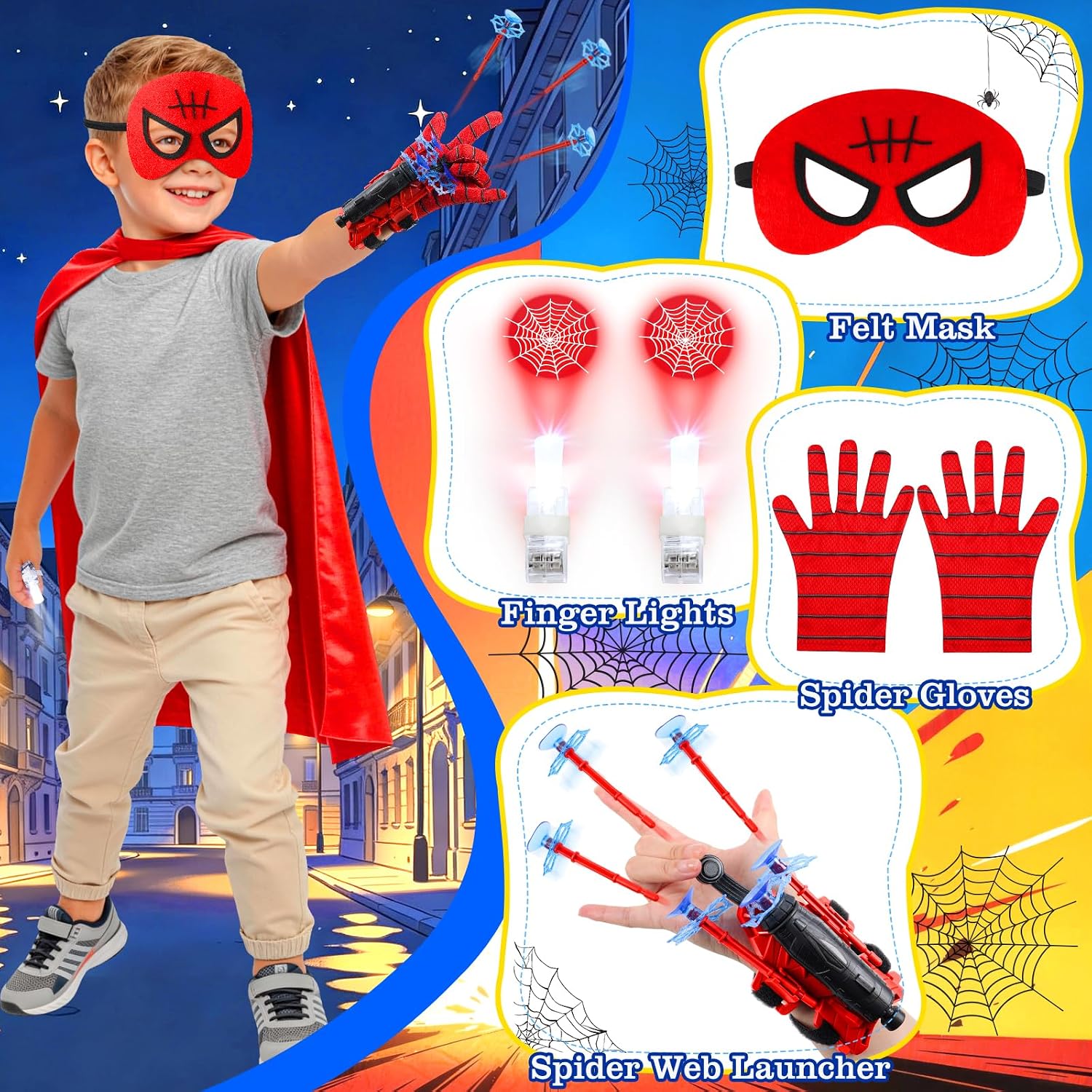 Superhero Capes with Masks,Unique Accessories,for Kids Ages 3-12 | Web Shooters,Shield,Light-Up-Gloves,6 Finger