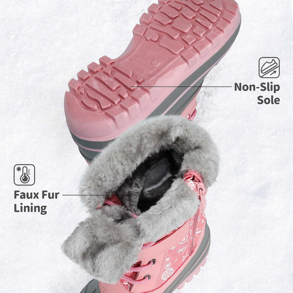 Girls Snow Waterproof Winter Boots | Warm Faux Fur Lined Outdoor Secure Grip Anti Slip Outsole Easy Wear Windproof