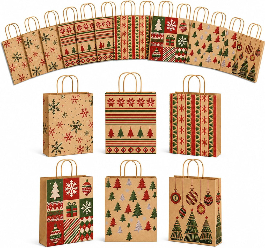 24 Pack Christmas Gift Bags with Handles, 9.1 In
