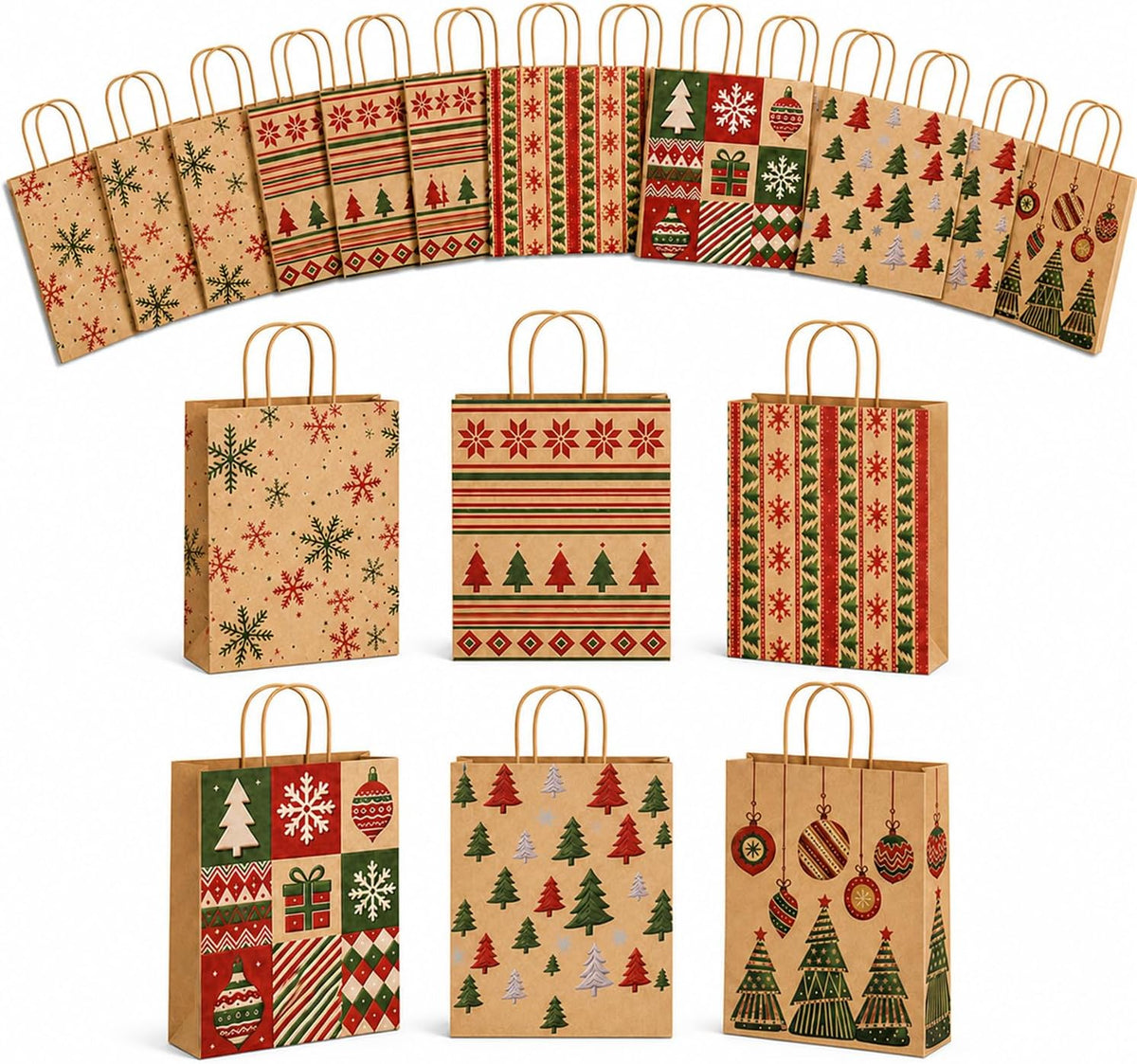 24 Pack Christmas Gift Bags with Handles, 9.1 In