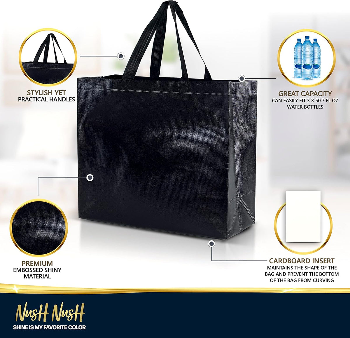 Bulk Set of 60 Reusable Large Black Gift Bags with Handles
