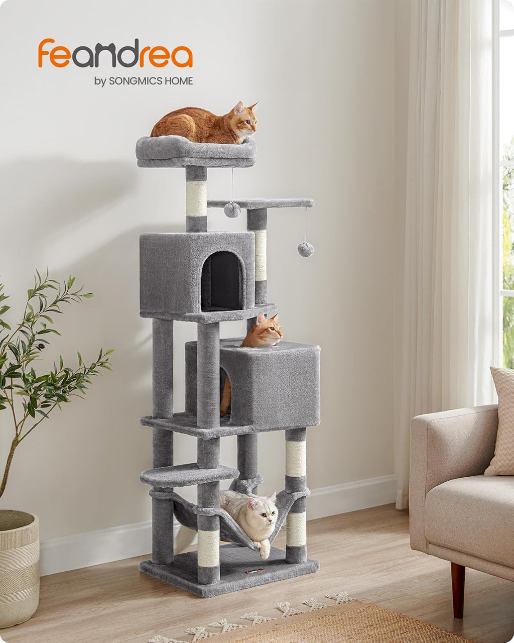 Cat Tree, 59.5-Inch Tall Cat Tower, Plush Multi-Level Condo with 5 Scratching Posts, 2 Perches, 2 Caves, Hammock, 2