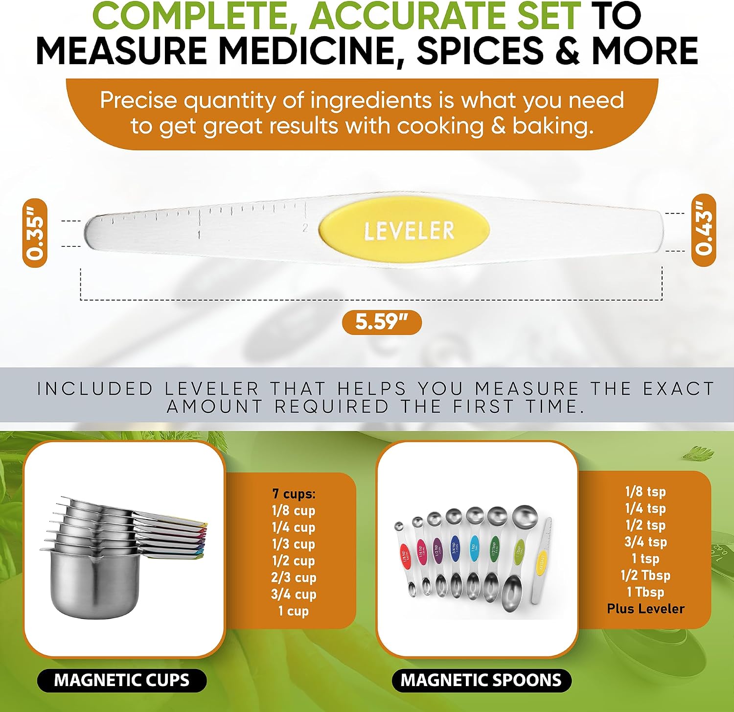 Magnetic Measuring Cups & Spoons Set, Patented, Strong N45 Magnets, Heavy Duty Stainless Steel Fits in Spice Jars for
