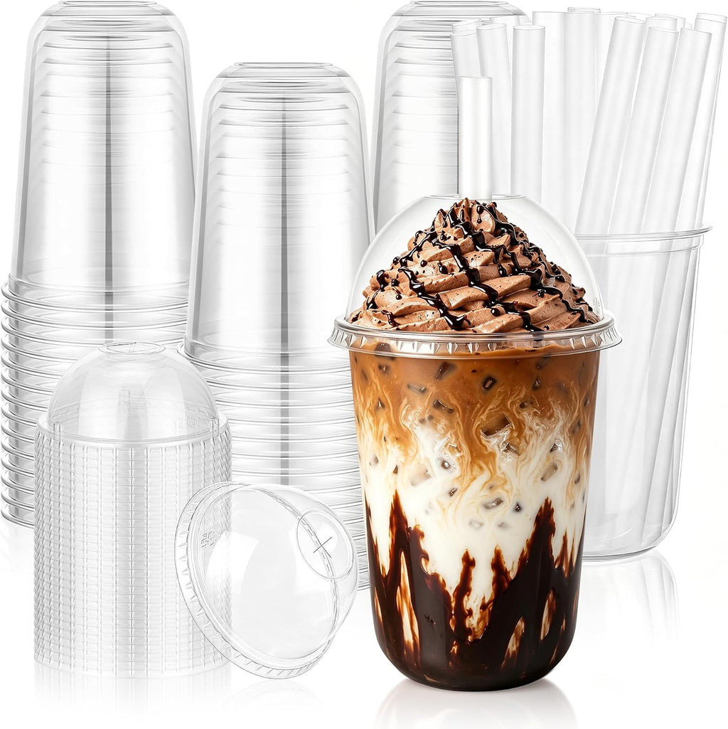 50 Pcs 16 oz Clear Plastic Slushie Cups with Dome Lids and Straws