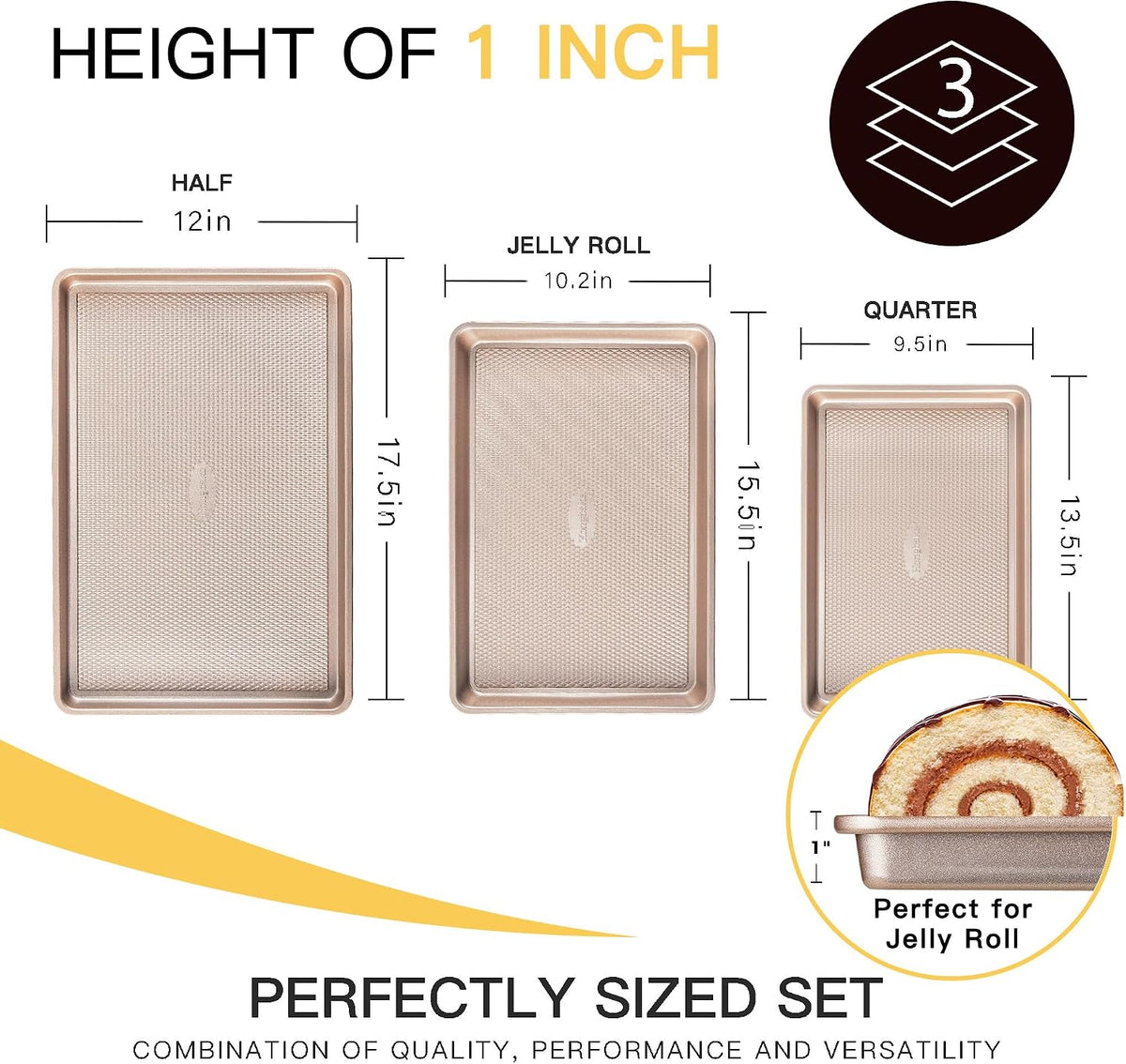 Baking Sheet Pan Set of 3, Cookie Sheets for Oven, Nonstick Half/Quarter/Jelly Roll Pans with Diamond Texture