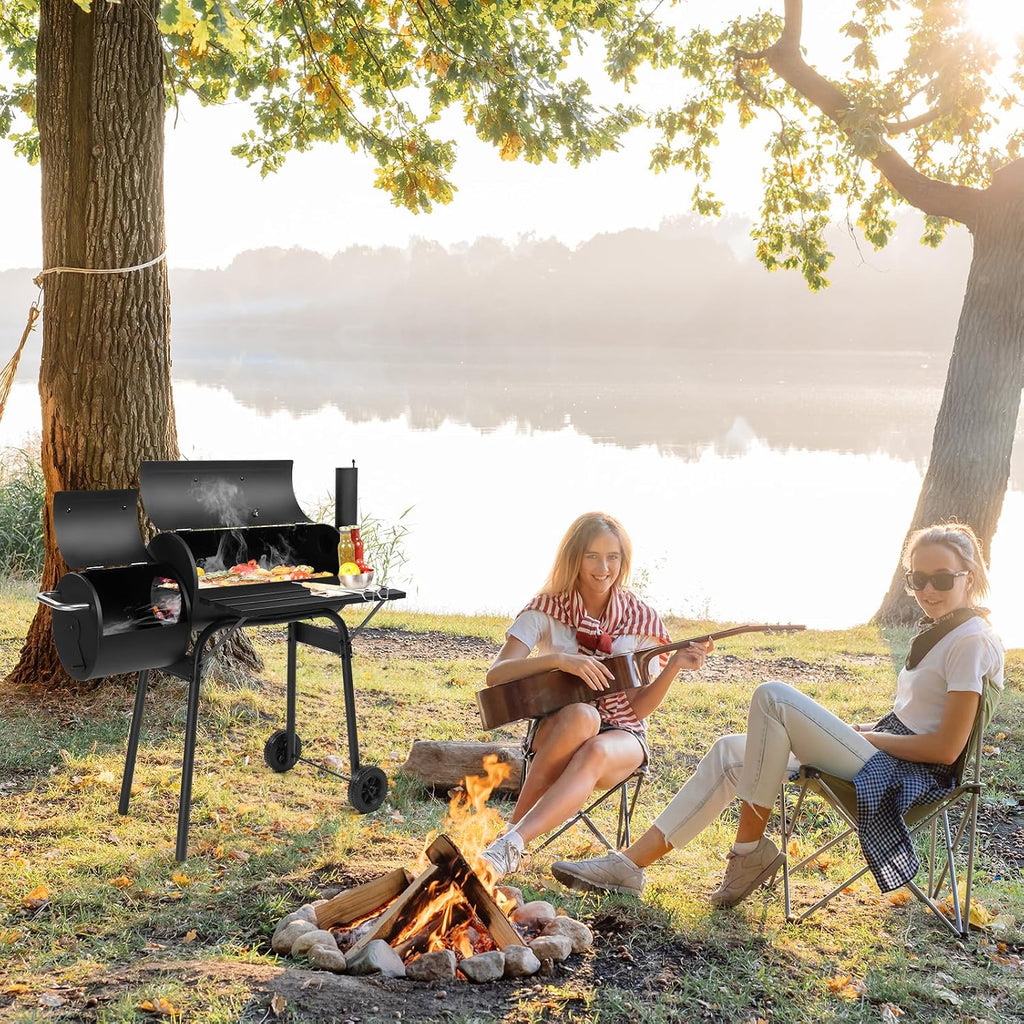 Barrel Charcoal Grill with Offset Smoker, Large BBQ Outdoor Smoker Grill with Wheels for Party Garden Patio and