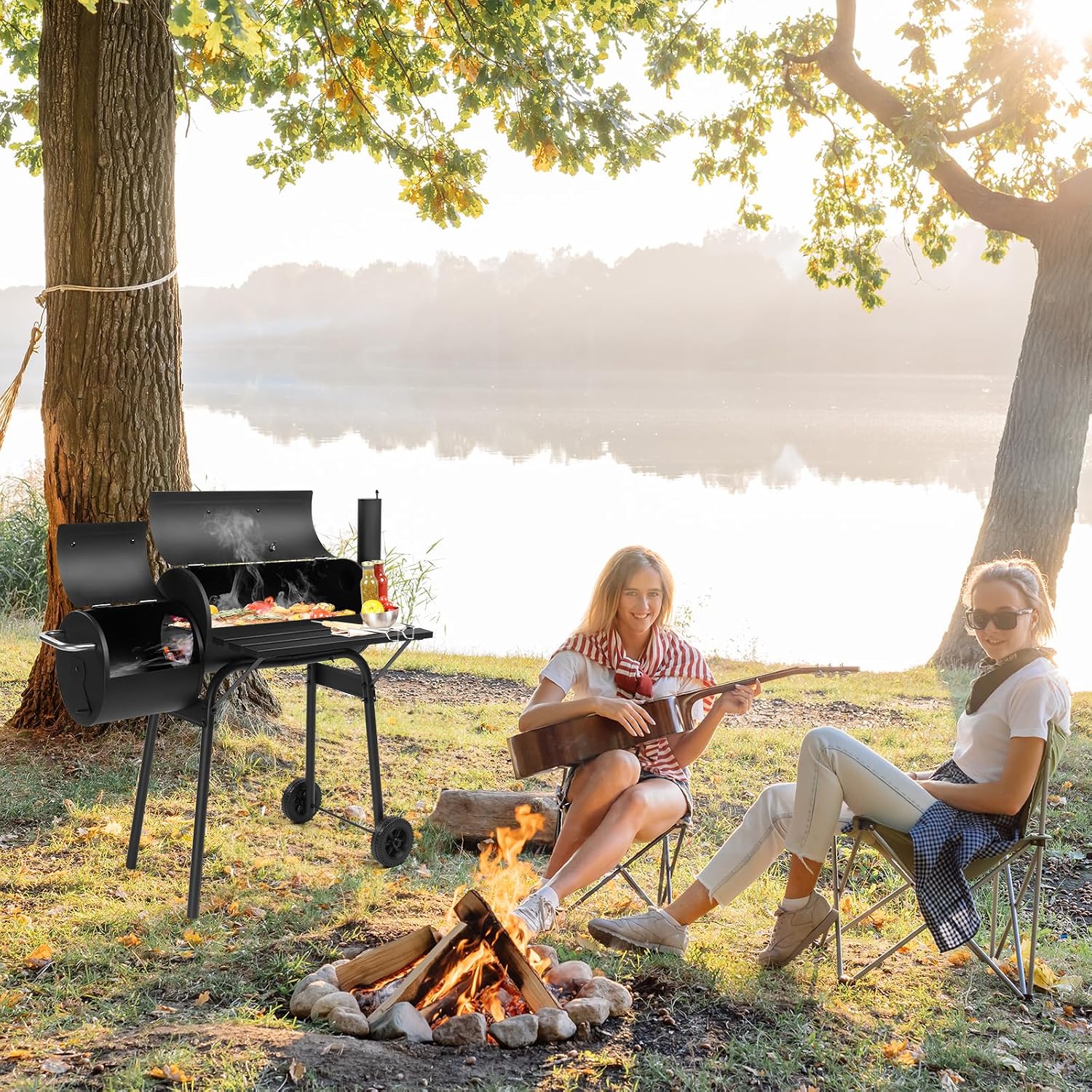 Barrel Charcoal Grill with Offset Smoker, Large BBQ Outdoor Smoker Grill with Wheels for Party Garden Patio and