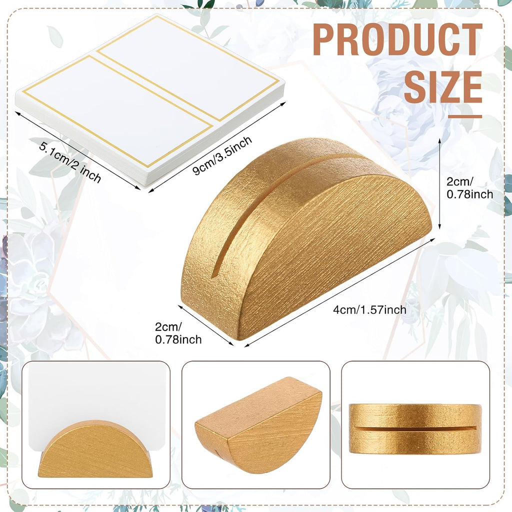 24 Pcs Wooden Table Number Stands with Tented Cards,Gold, White | Place Card Holders for Weddings, Semicircle Wood