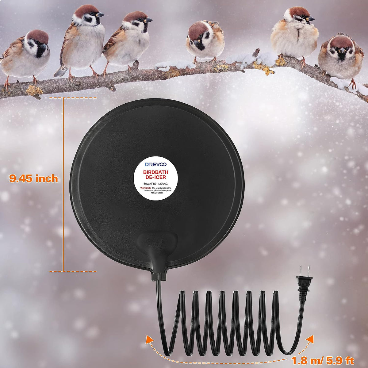 Bird Bath De Icer, 60w Submergible De Icer, Thermostatic Controlled Winter Water Heater Deicer for Bird, Chicken