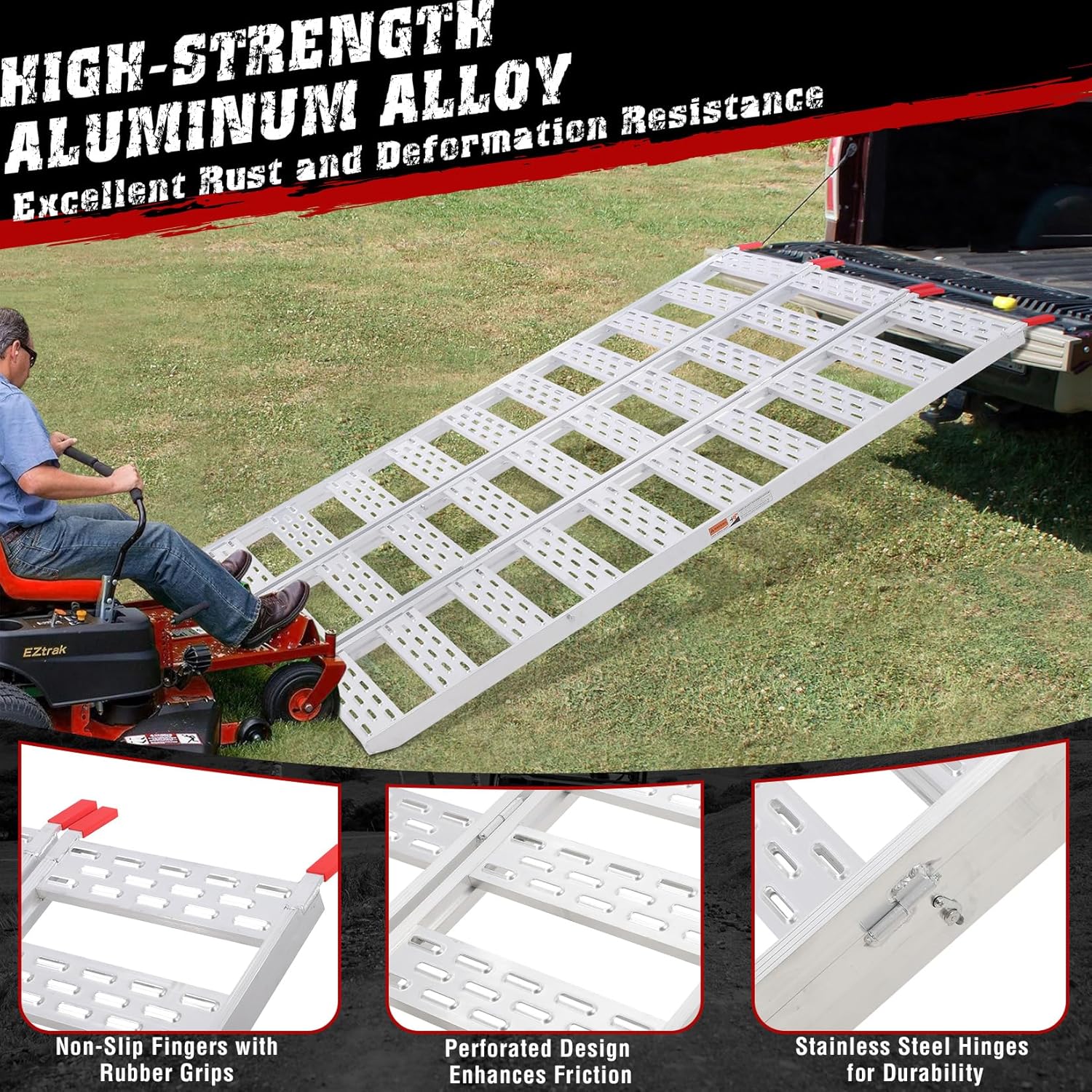 Tri Fold Aluminum Loading Ramp for Pickup Trucks, 75x50 in, 1500 LB Capacity, Portable Heavy Duty Lawn Mower Ramp