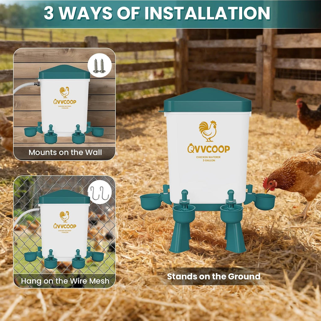3 Gallon Automatic Chicken Waterer with Float Valve, Water Contatiner Cup Dispenser for Chicken, Float Controlled