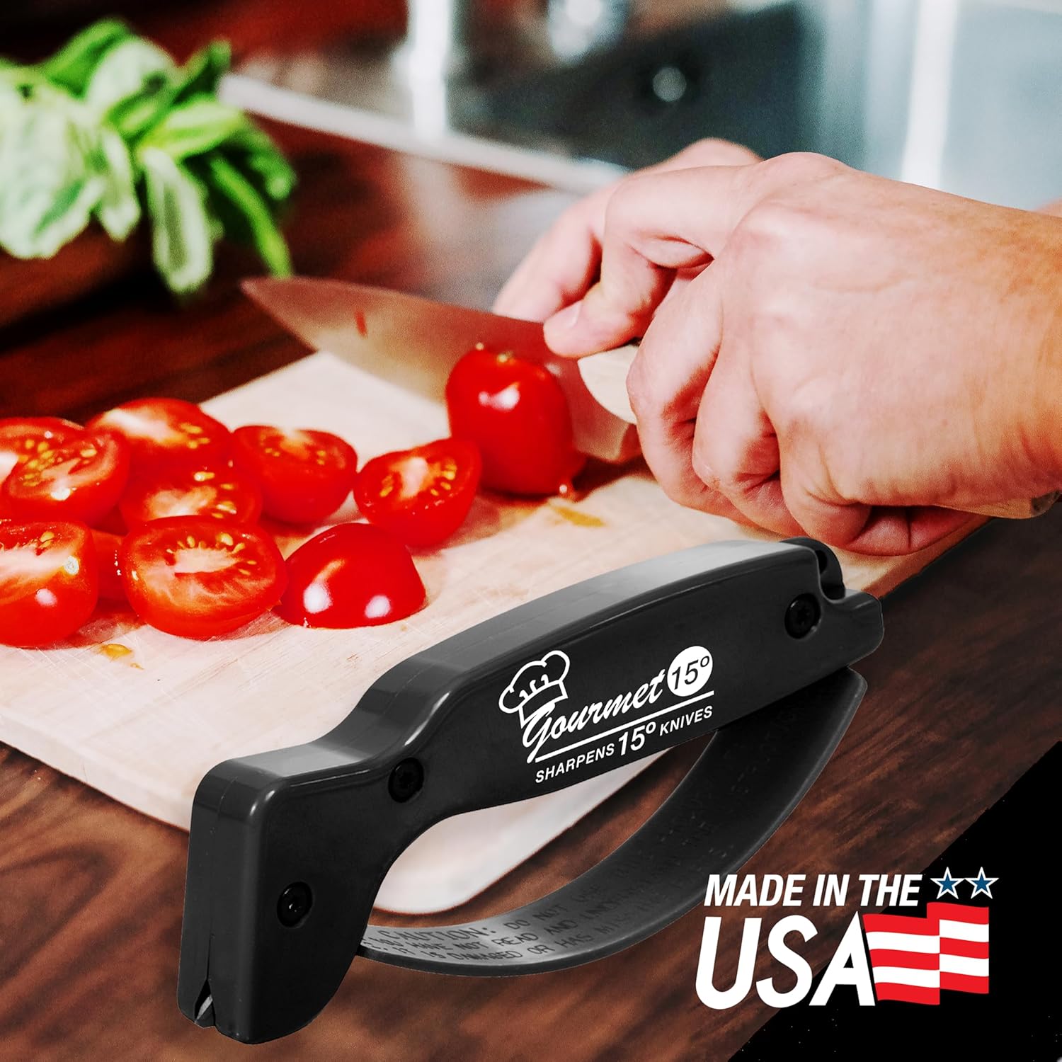 Gourmet Series, 15 Degree Knife Sharpener for Gourmet Knives, Diamond-Honed Tungsten Carbide Reversible Blades, Hones