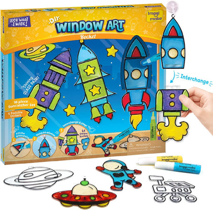 Window Art Rocket | Low Mess Suncatcher Kit | 16 Pieces Glass Painting Set | Kids Activities Ages 5-8 | DIY Craft Kit