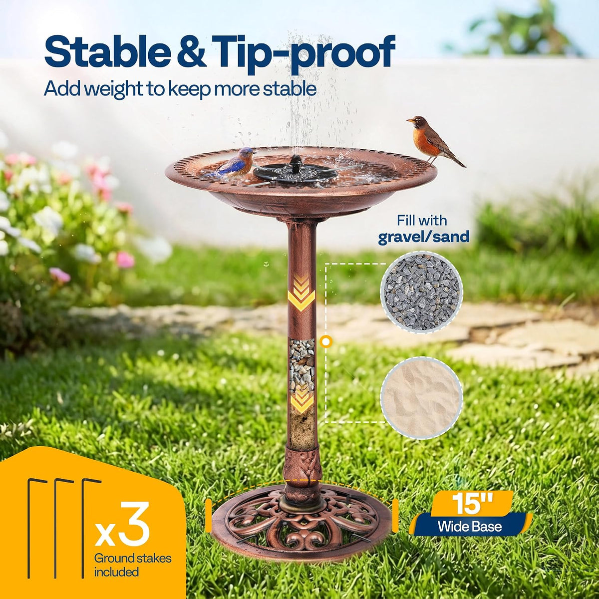 Bird Bath with Solar Fountain for Outside, Pedestal, Bronze