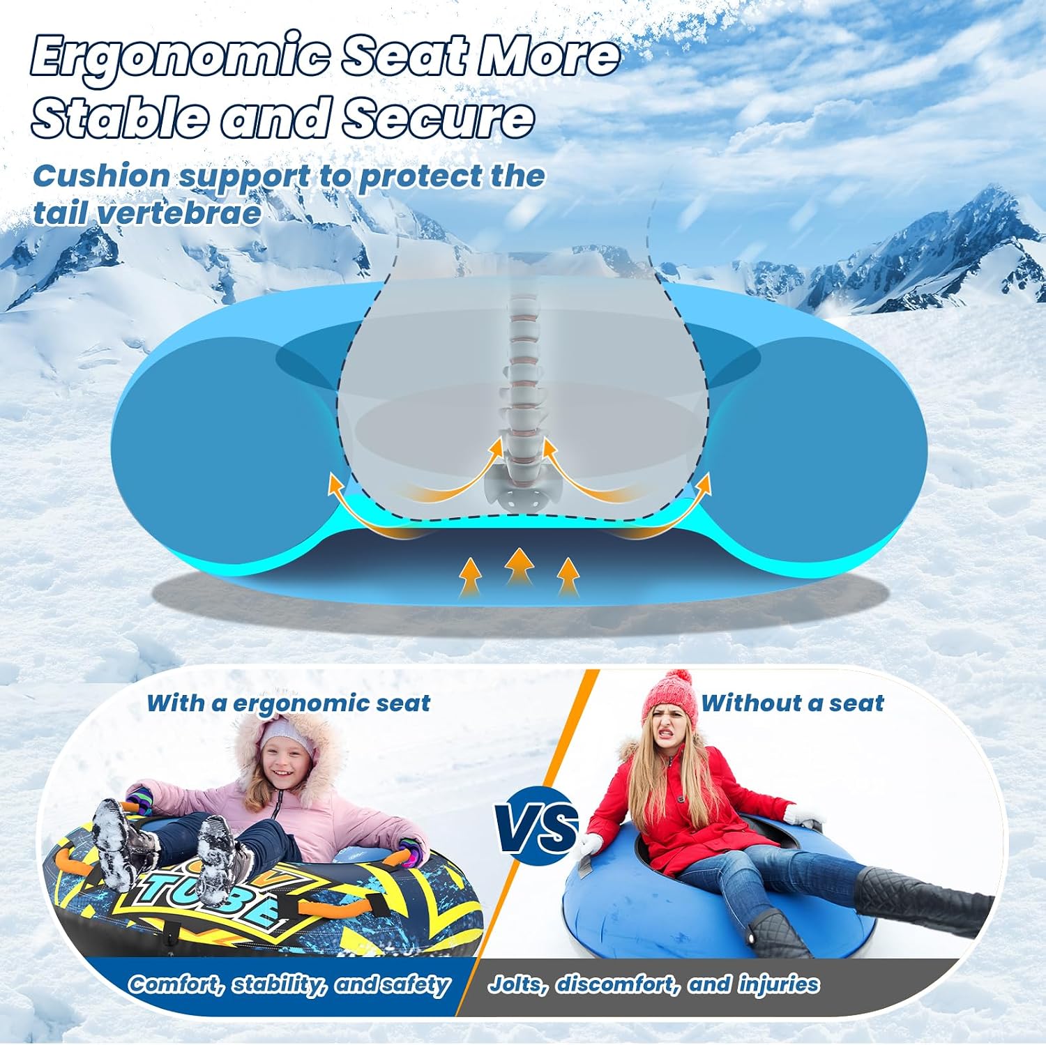 47'' Heavy Duty Snow Tube with Premium Canvas Cover and 4 Foam Filled Handles, Inflatable Snow Sled for Kids and