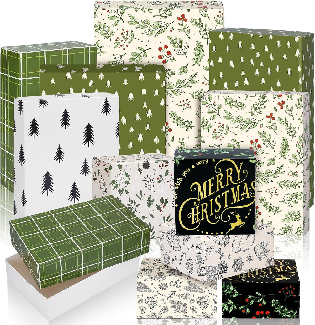 24 Pcs Christmas Gift Boxes with Lids Neutral Plaid 7 Designs