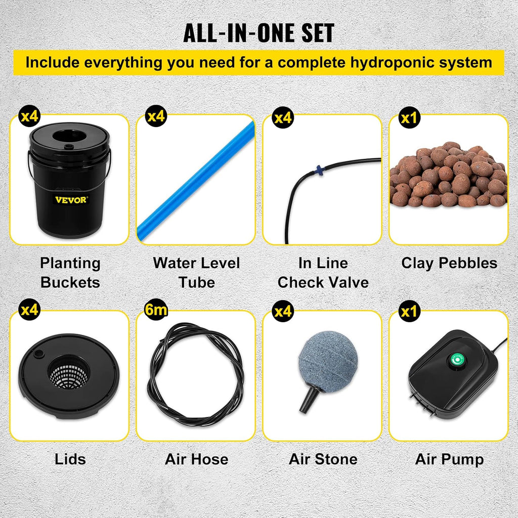 DWC Hydroponic System, 5 Gallon 4 Buckets, Deep Water Culture Growing Bucket, Hydroponics Grow Kit with Pump, Air