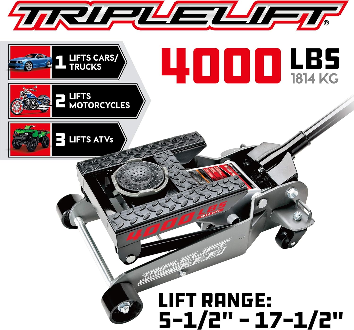 2 Ton Triple Lift Floor Jack, Lifts Cars, Trucks, Motorcycles, ATV's, Transmissions, Tie-Down Loops, Locking Safety