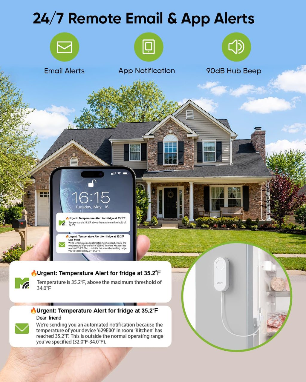 WiFi Thermometer Freezer Alarm, Email Alert, App Notification, Data Record Export, No Subscription Fee, 2 Remote