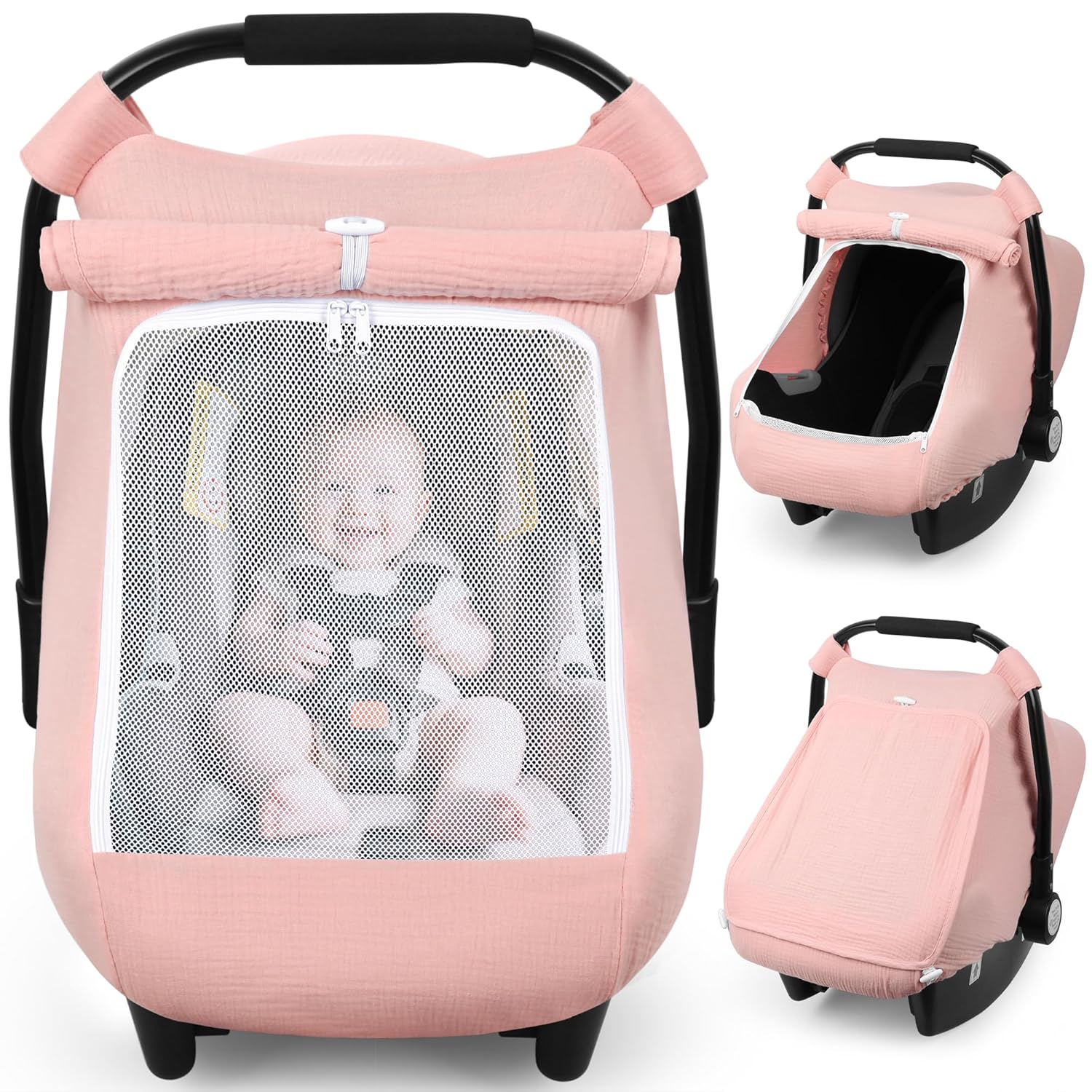 Car Seat Cover Baby, Carseat Covers Girl Boy, Breathable Muslin Cotton, Large Mesh Window, Infant Car Seat Canopy