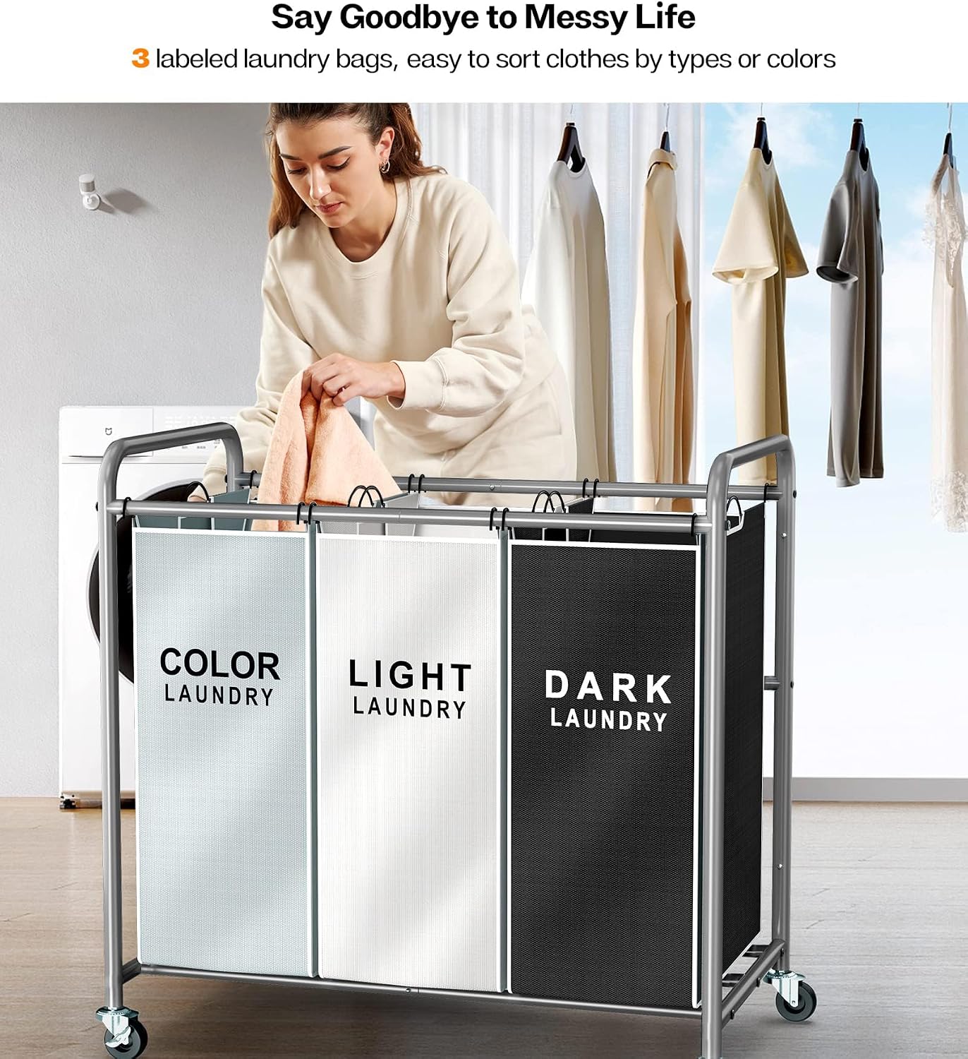 Laundry Sorter Hamper 3 Section, Divided Laundry Basket Organizer | Rolling Clothes Hamper with Heavy Duty Lockable