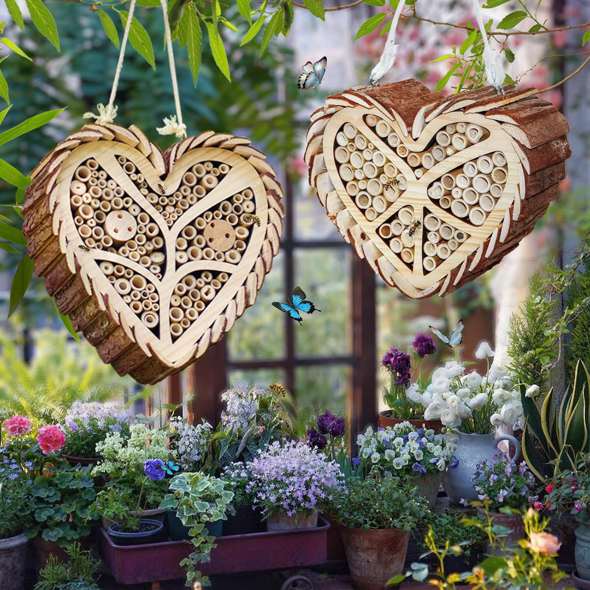 Heart-Shaped Mason Bee House, Wooden Habitat with Bamboo Tubes, Nesting Aid for Solitary Bees, Garden Decor