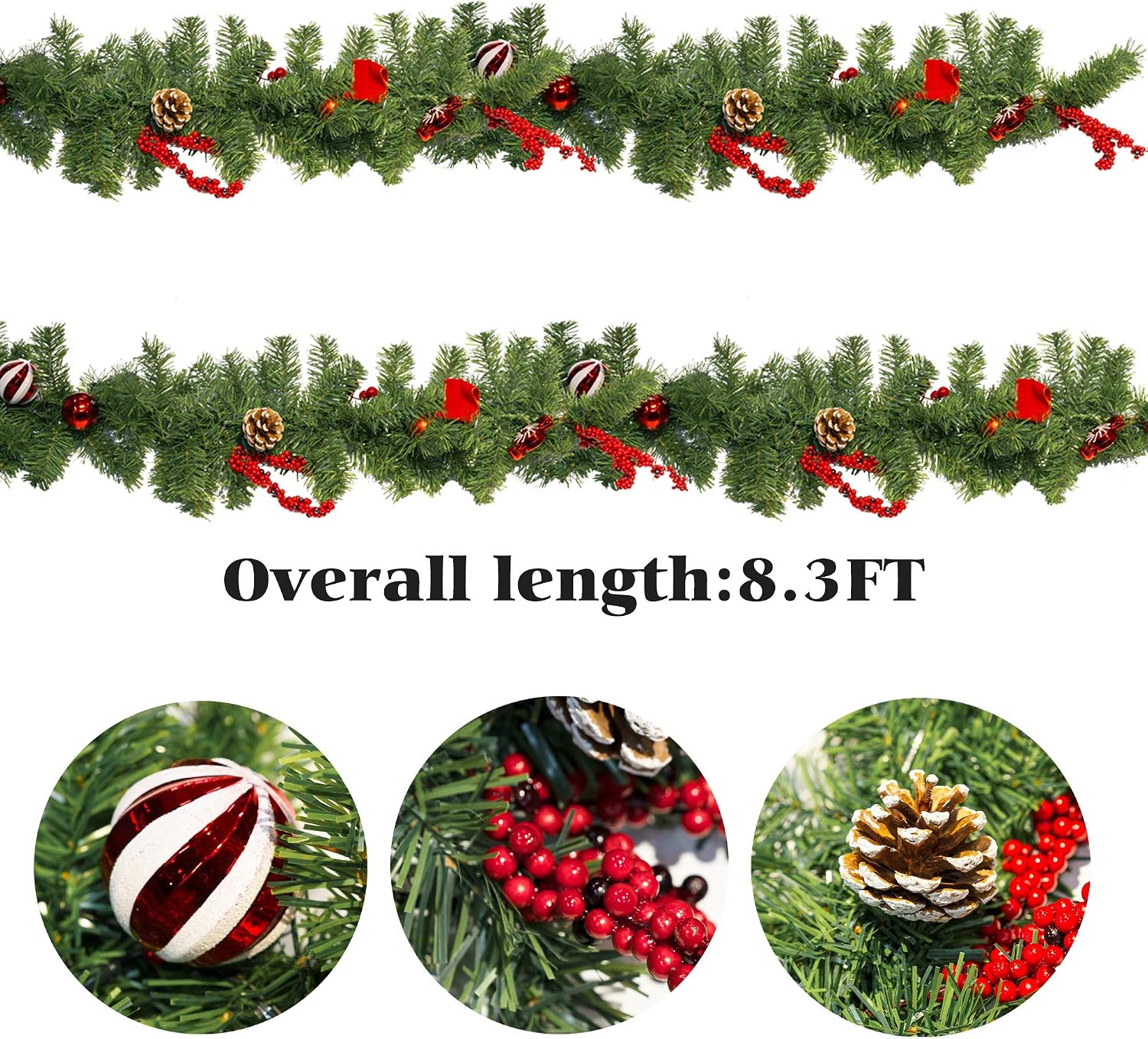 9 FT Artificial Christmas Garland, Pre-Lit 50 LED Battery Operated Lighted Xmas Garland with 8 Modes for Indoor